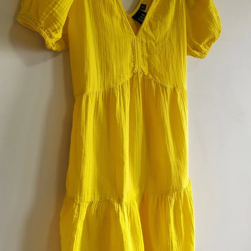 Brigth Yellow GAP crinkle gauze puff sleeved tiered mini dress size XS Festival - Picture 6 of 11